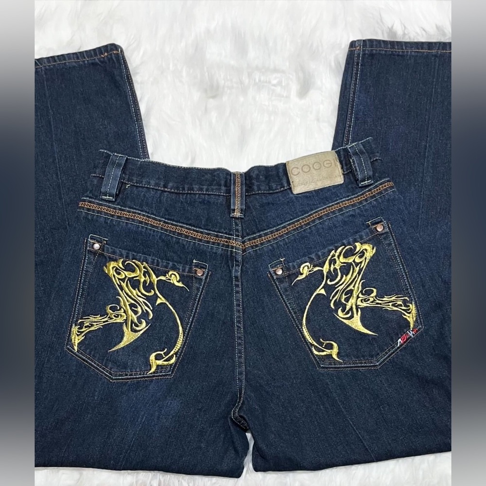 COOGI Men's Dark Blue Jeans W36 L32 Embroidered Pockets Classic Fit Denim